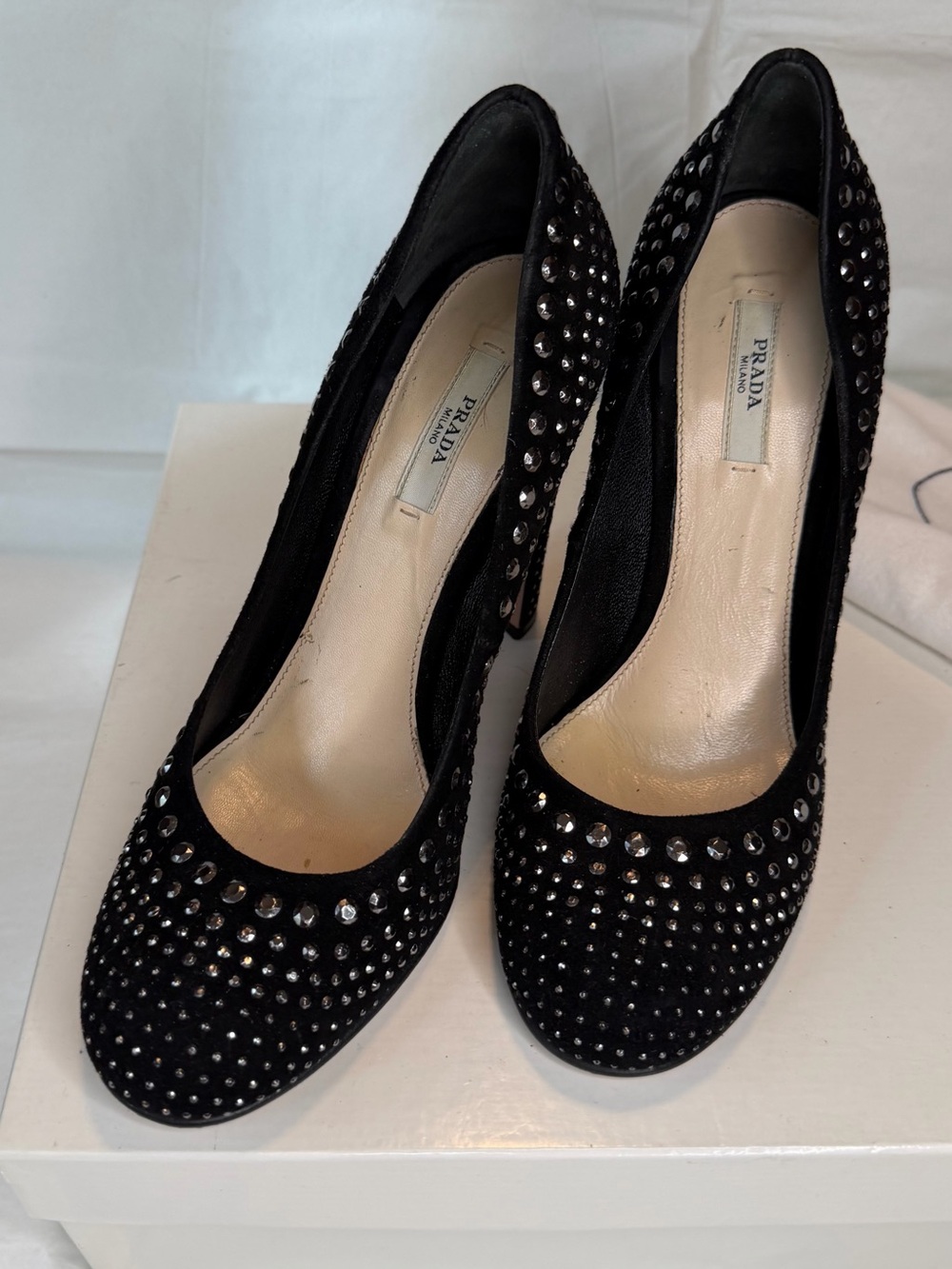 Prada Black Crystal-Studded Suede Pumps - Picture 3 of 8